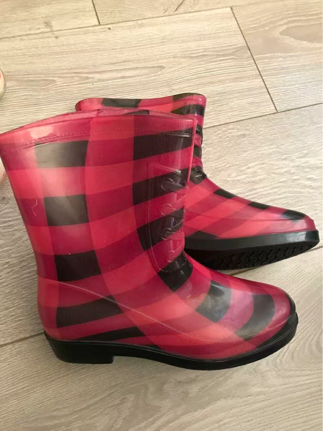 Red and Black Plaid Rain Boots