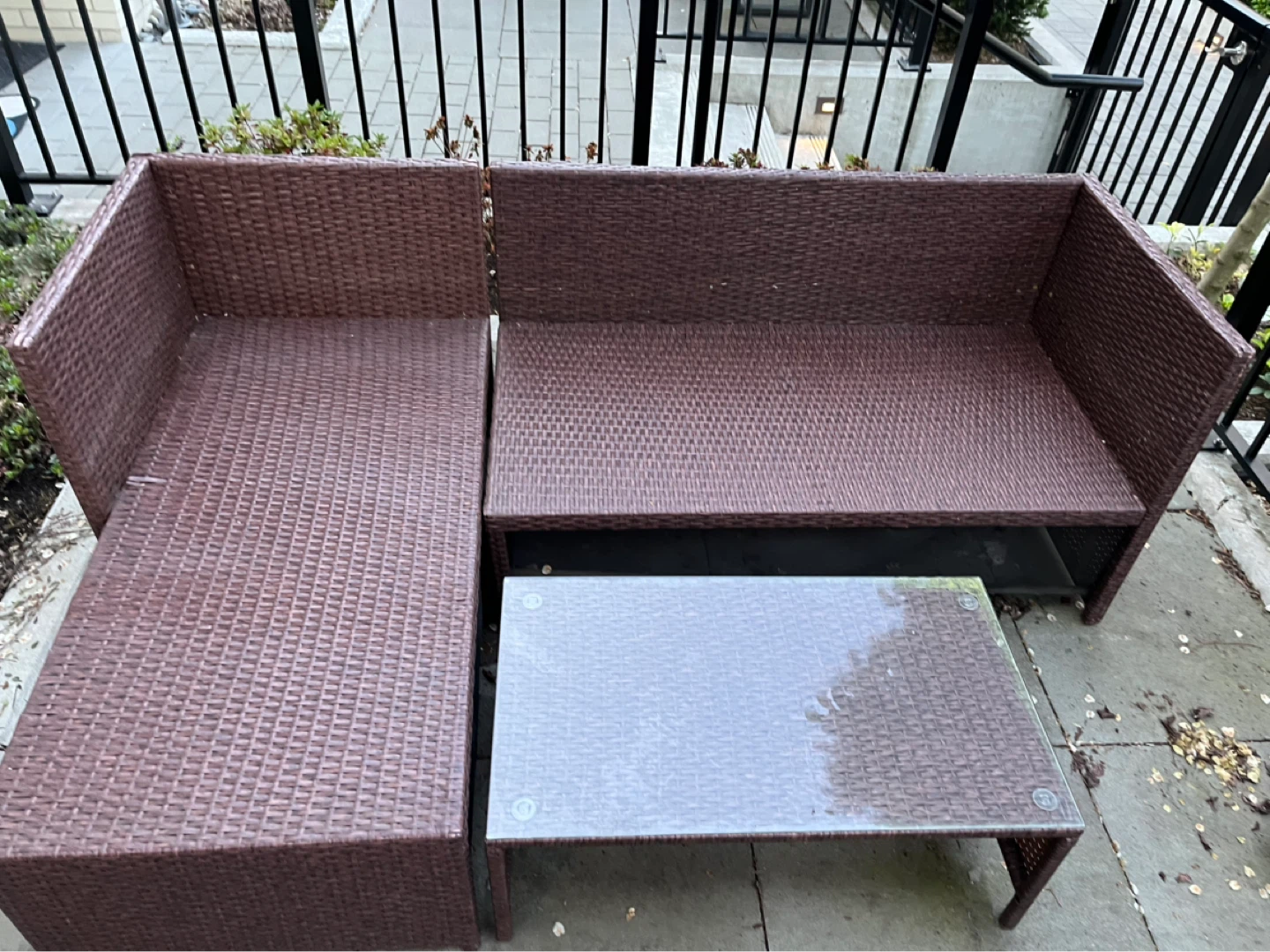 Brown Rattan Outdoor Sectional Sofa with Glass Coffee Table
