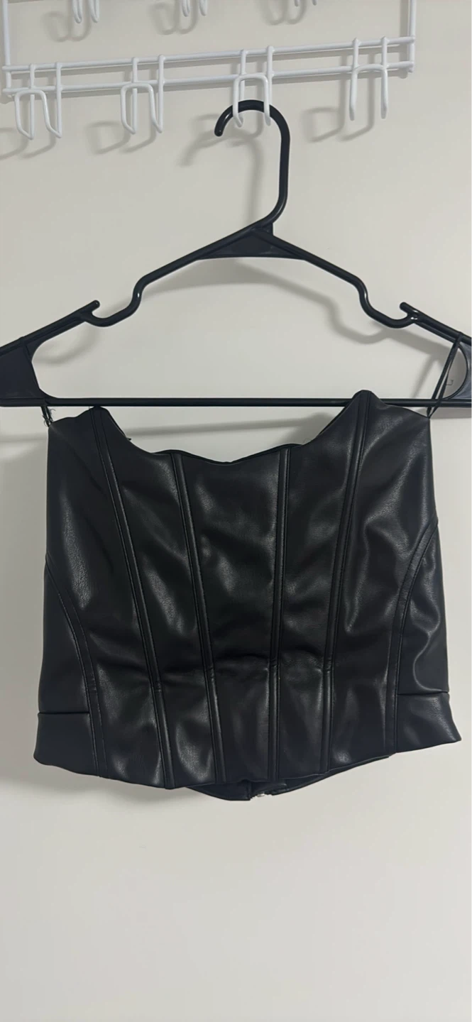 Black Faux Leather Corset Top and Belted Pants Set