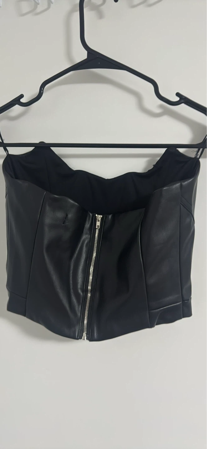 Black Faux Leather Corset Top and Belted Pants Set - photo 2