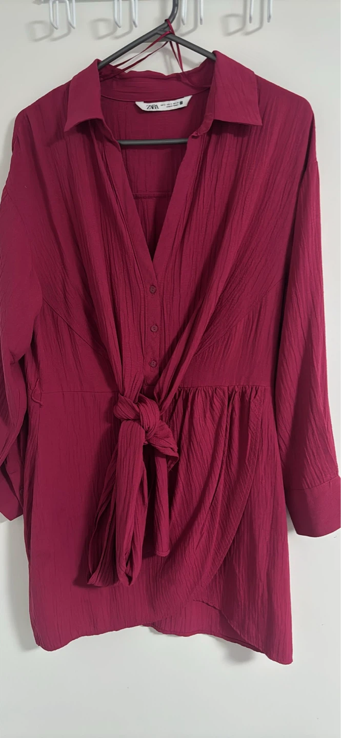 Zara Red Textured Shirt Dress with Tie Waist