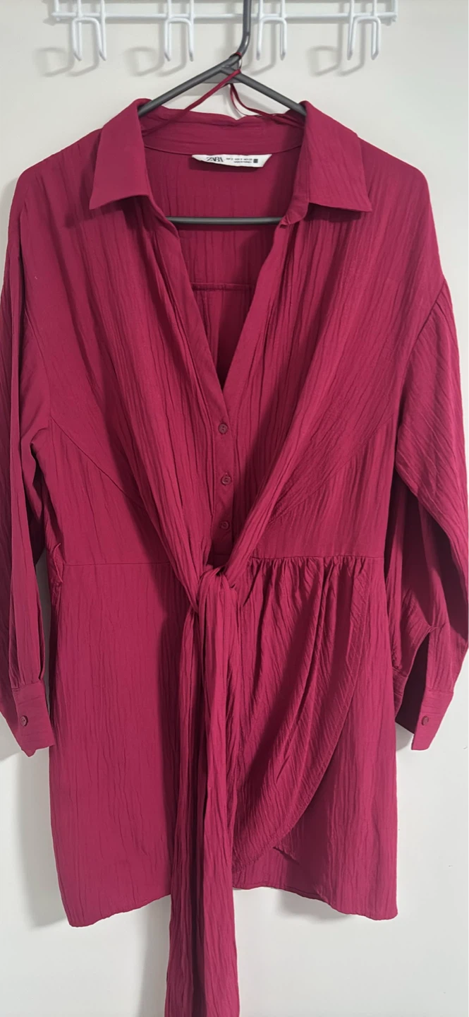 Zara Red Textured Shirt Dress with Tie Waist - photo 2