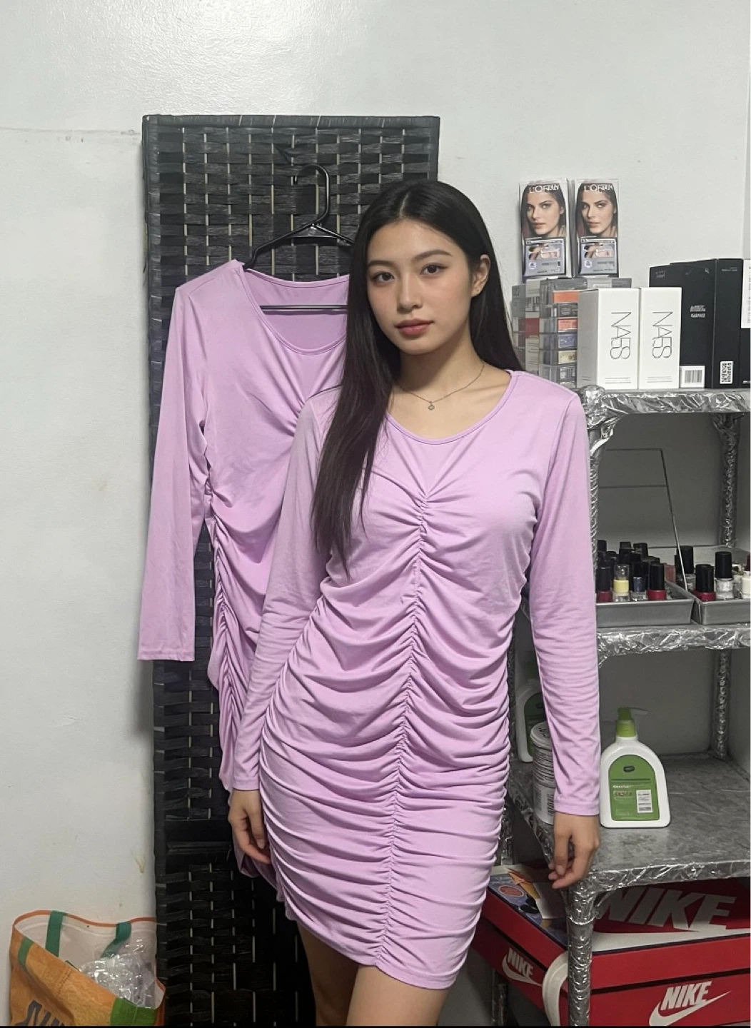 Ruched Long Sleeve Mini Dress size L