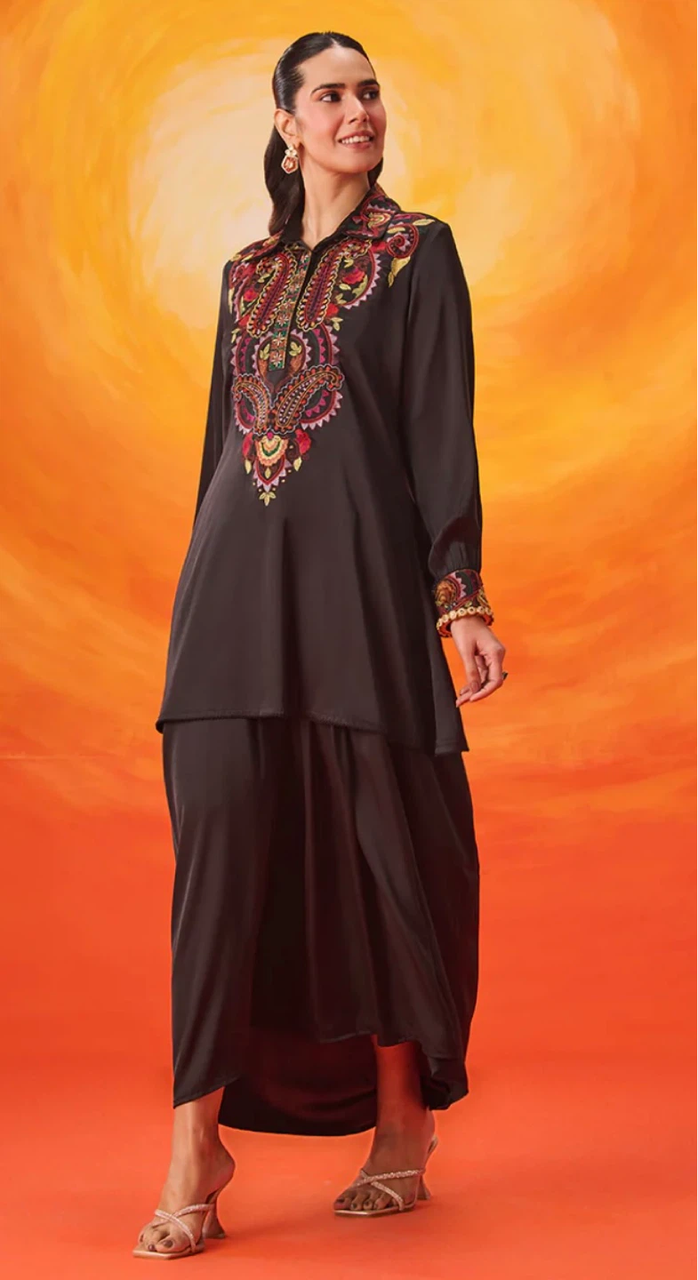 Briar Black Satin Embroidered Co-Ord Set - photo 3