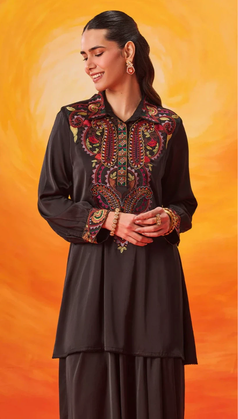Briar Black Satin Embroidered Co-Ord Set - photo 4