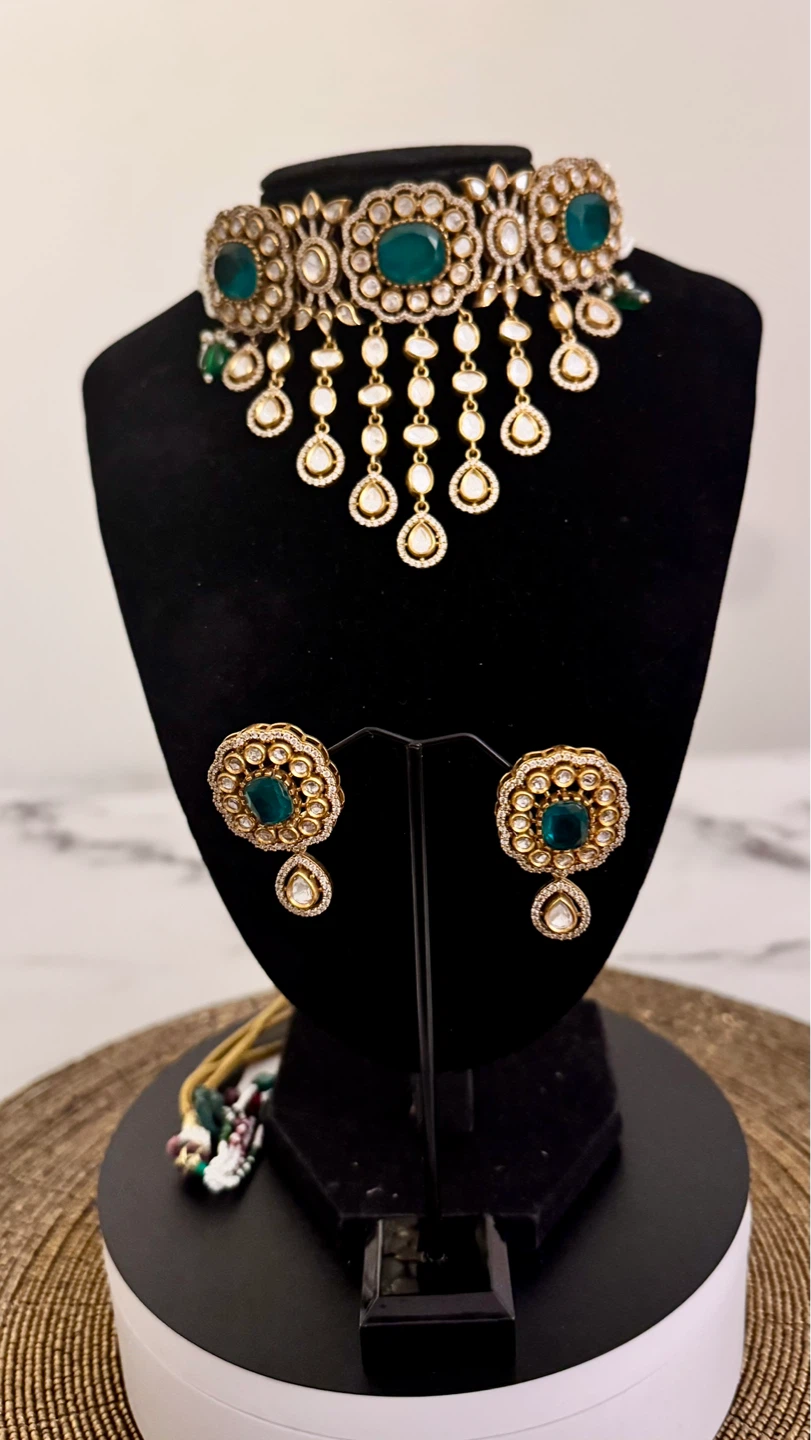 Green moissanite Choker Necklace and Earring Set