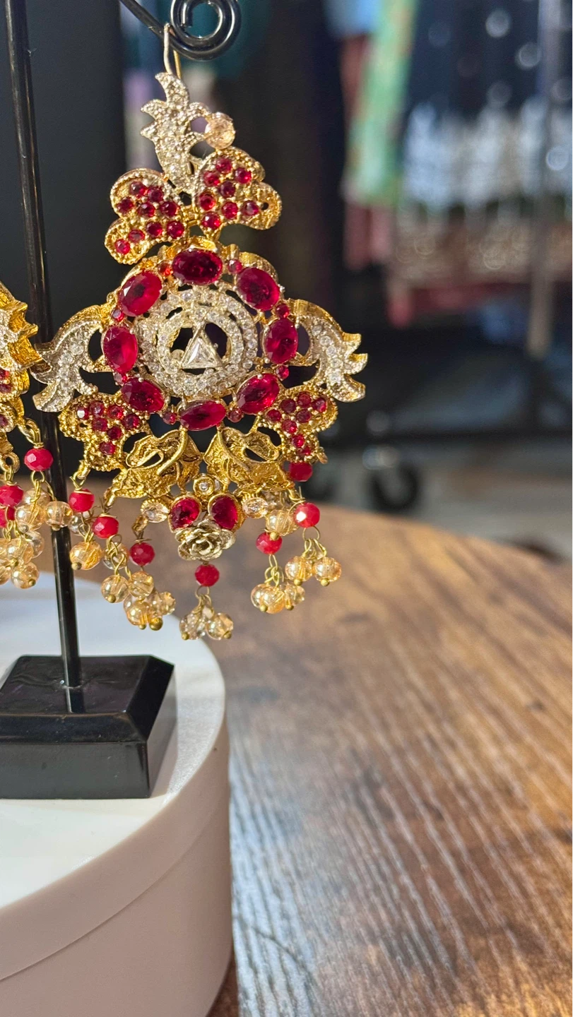 Gold and Red Statement Necklace, Earrings, and Tikka Set - photo 5