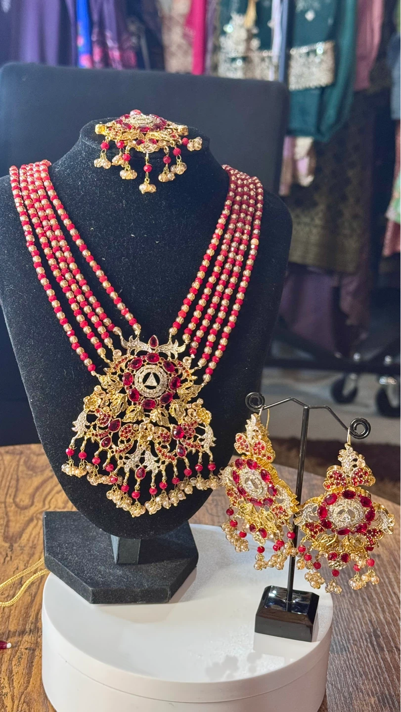 Gold and Red Statement Necklace, Earrings, and Tikka Set