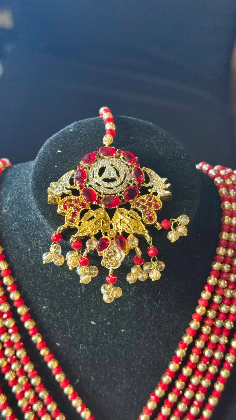 Gold and Red Statement Necklace, Earrings, and Tikka Set - photo 2