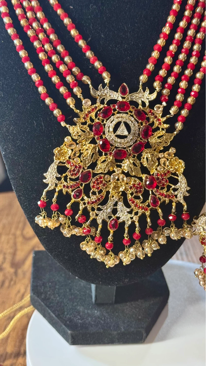Gold and Red Statement Necklace, Earrings, and Tikka Set - photo 3