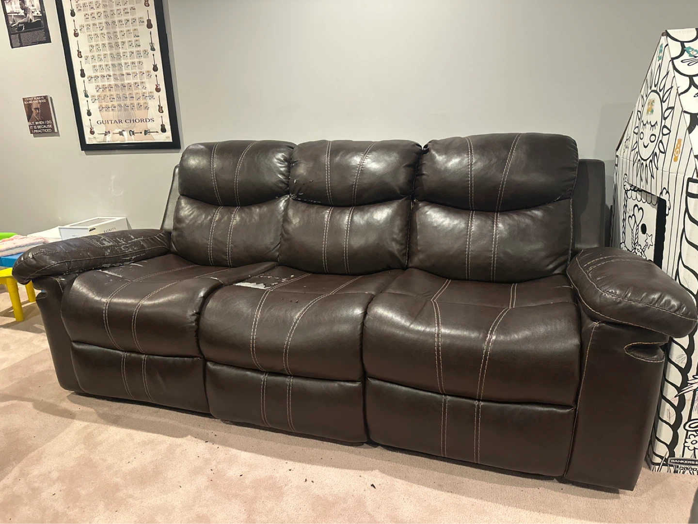 Dark Brown Faux Leather Reclining Loveseat and Sofa
