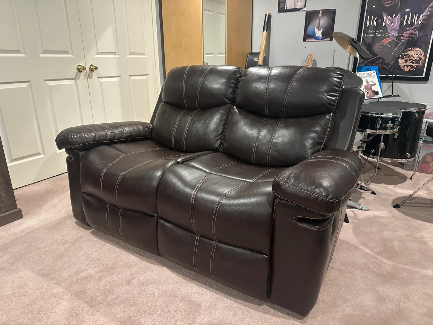 Dark Brown Faux Leather Reclining Loveseat and Sofa - photo 3