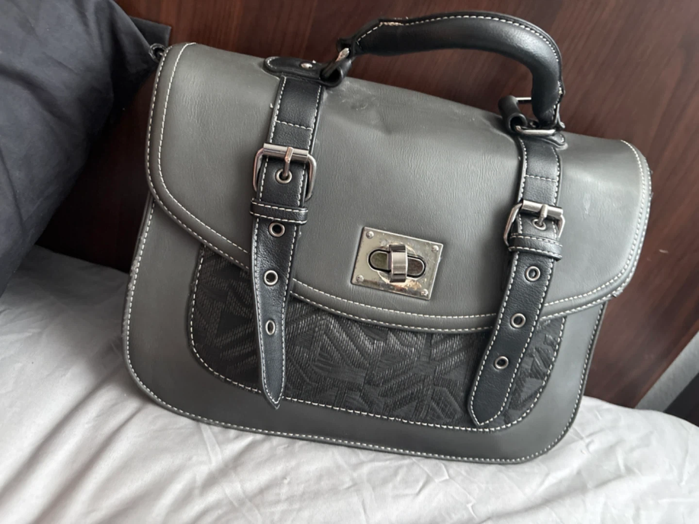 Grey Satchel Handbag with Buckle Detail