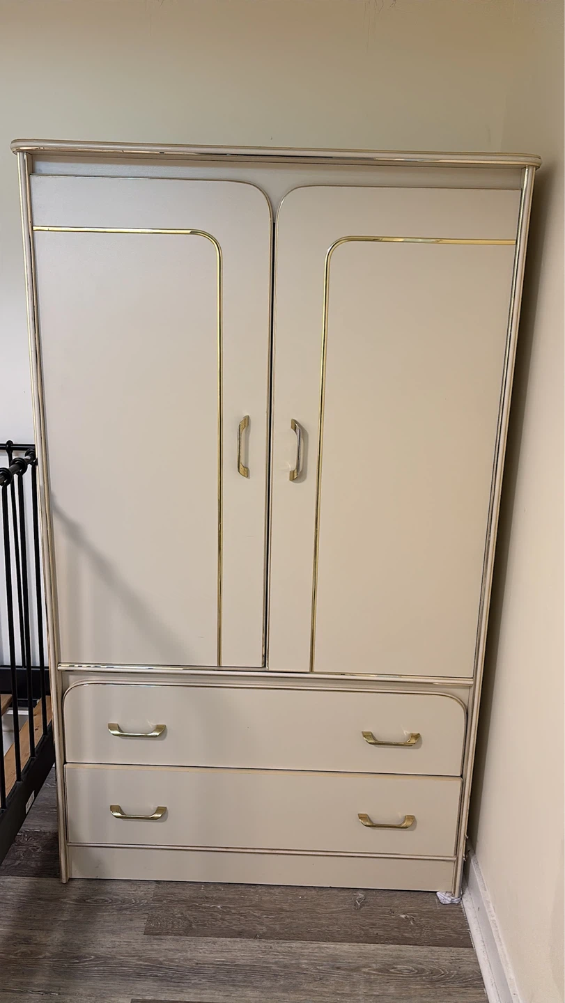 Cream Armoire with Gold Trim and Drawers