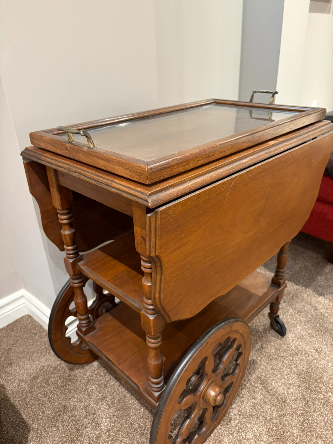 Wooden Serving Cart with Glass Top