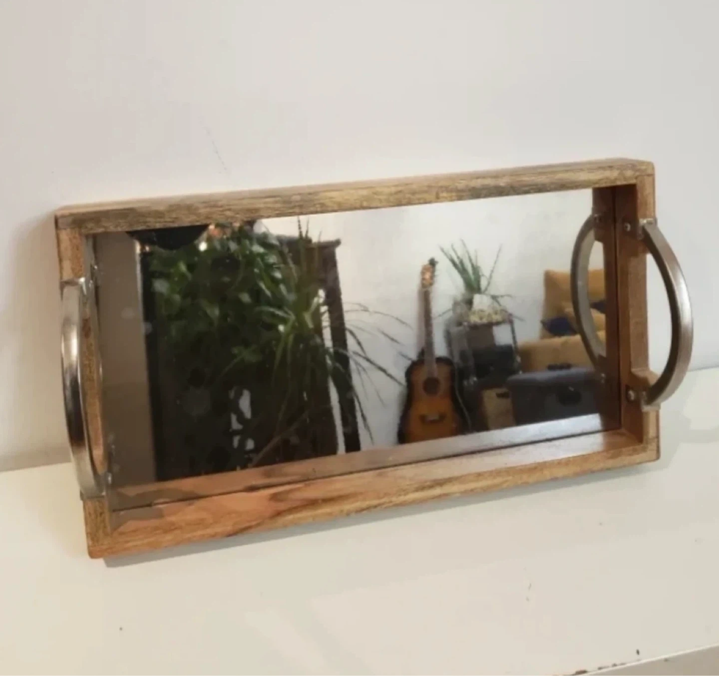 Wooden Mirrored Tray with Metal Handles