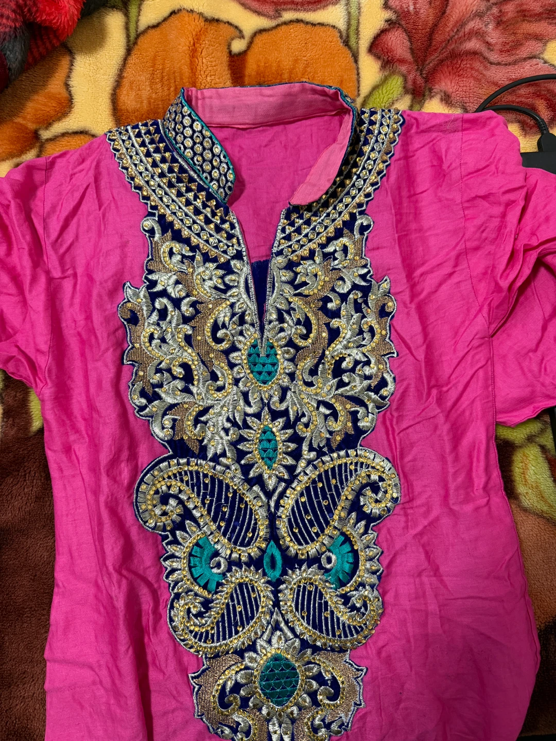 Pink Kurti with Blue and Gold Embroidery