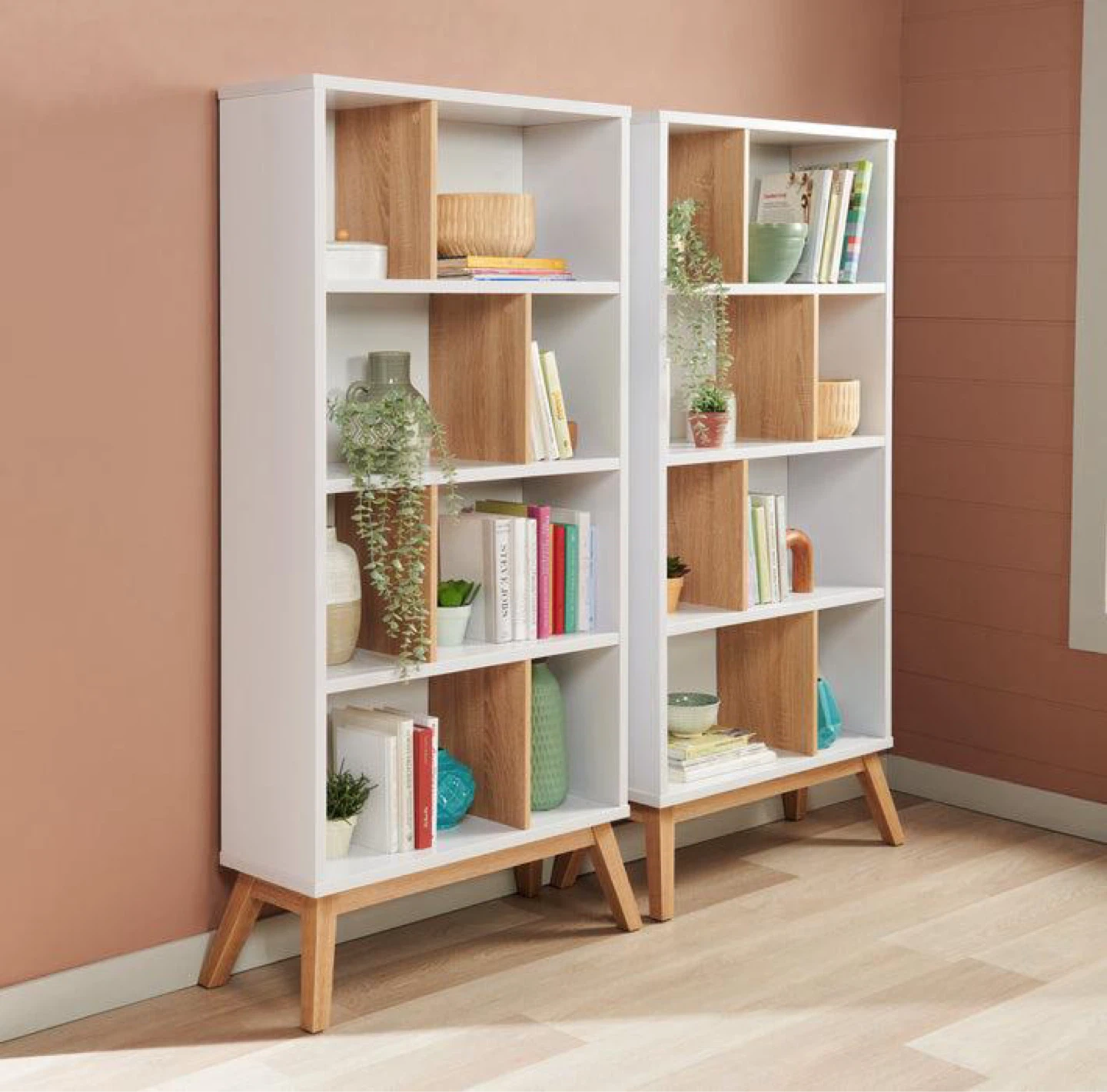White Bookshelf with Wood Accents