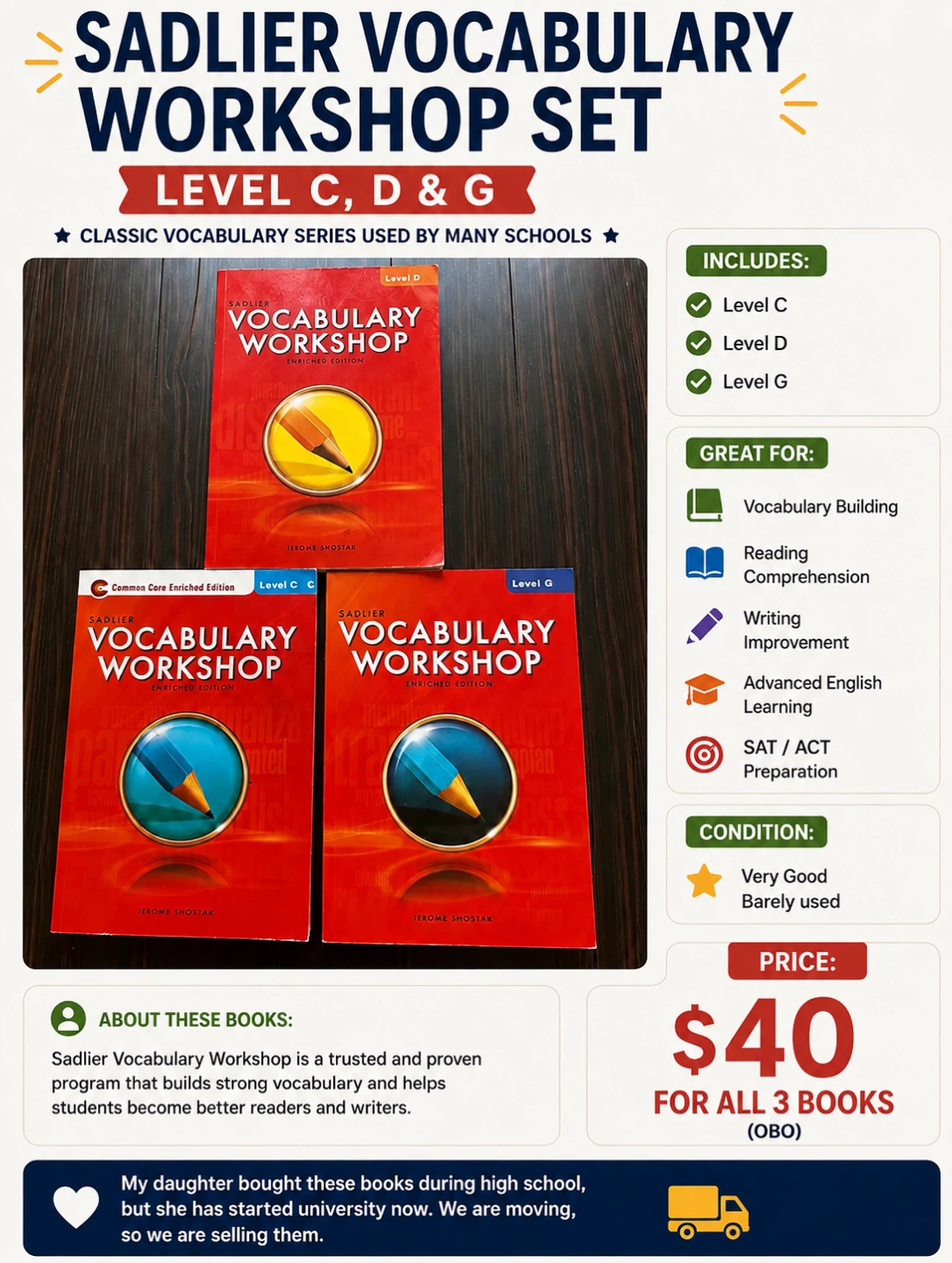 Moving Sale Sadlier Vocabulary Workshop Set - Levels C, D, & G