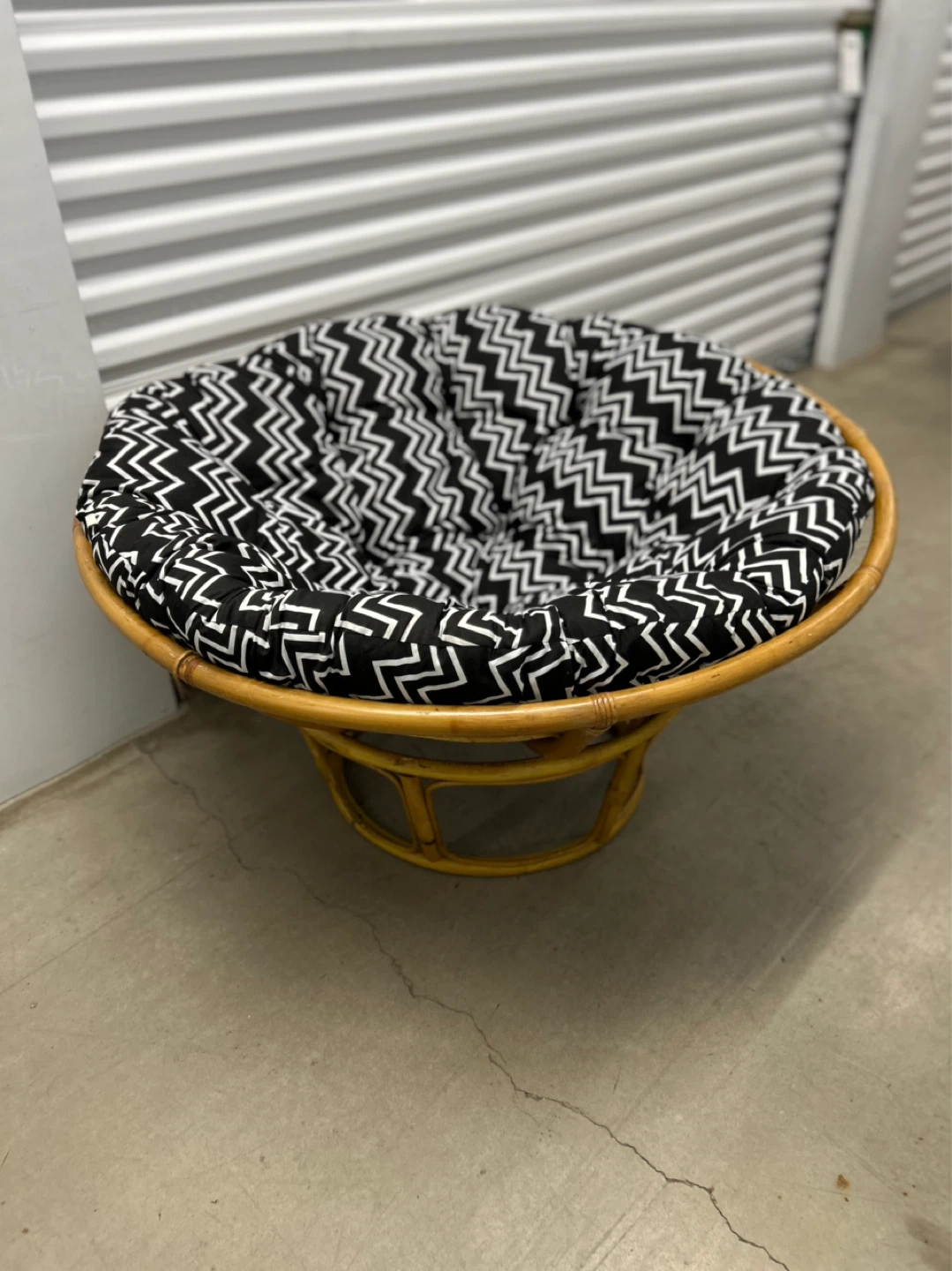 Rattan Papasan Chair with Black and White Zigzag Cushion