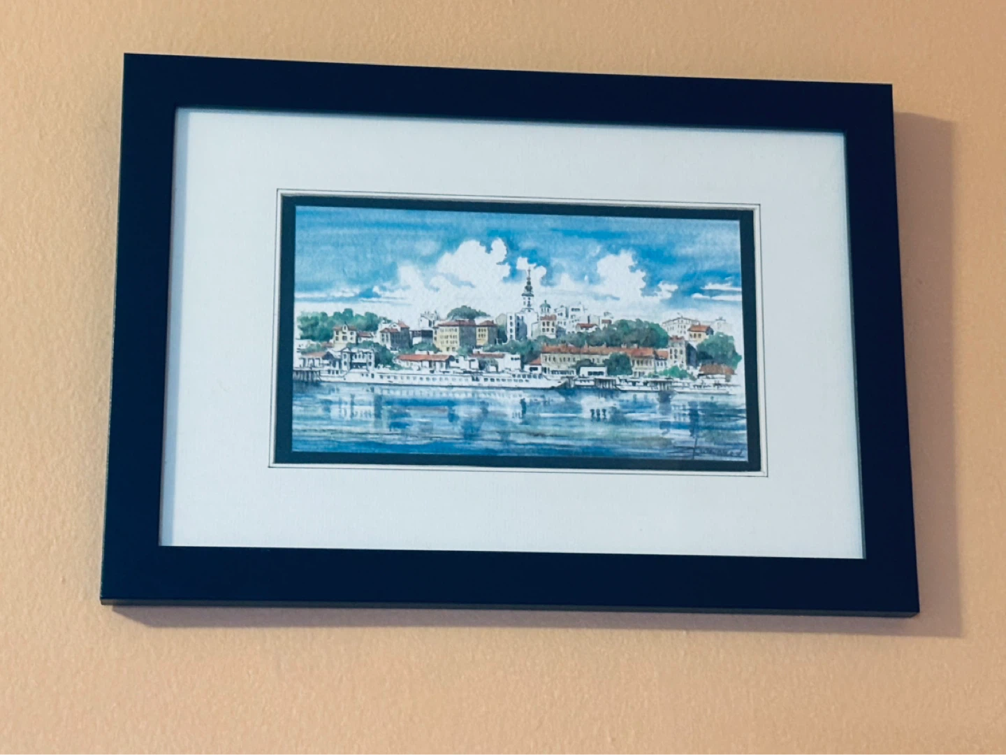 Framed Watercolor Painting of an Eastern European Cityscape