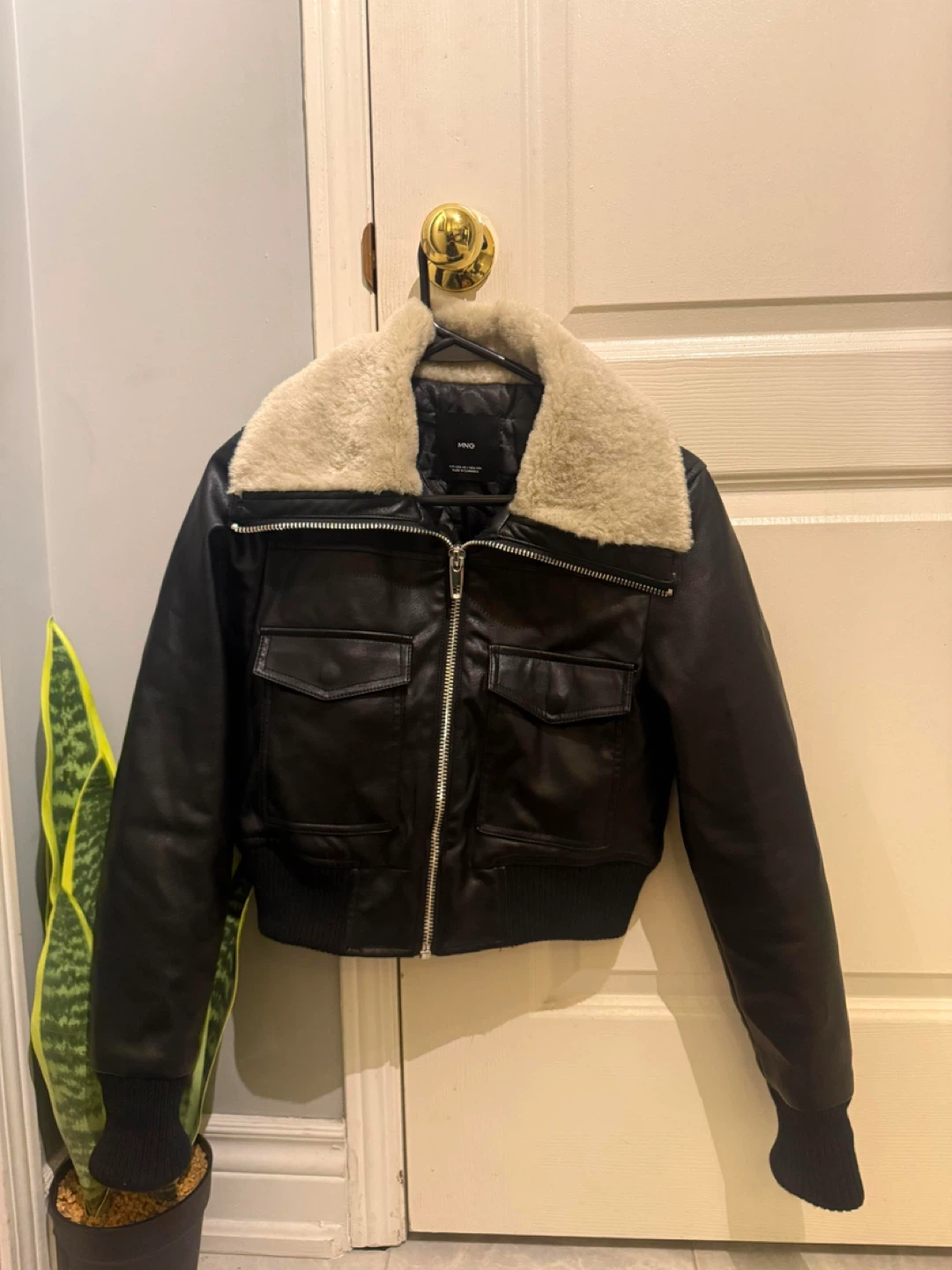 MNG Black Faux Leather Bomber Jacket with Fur Collar