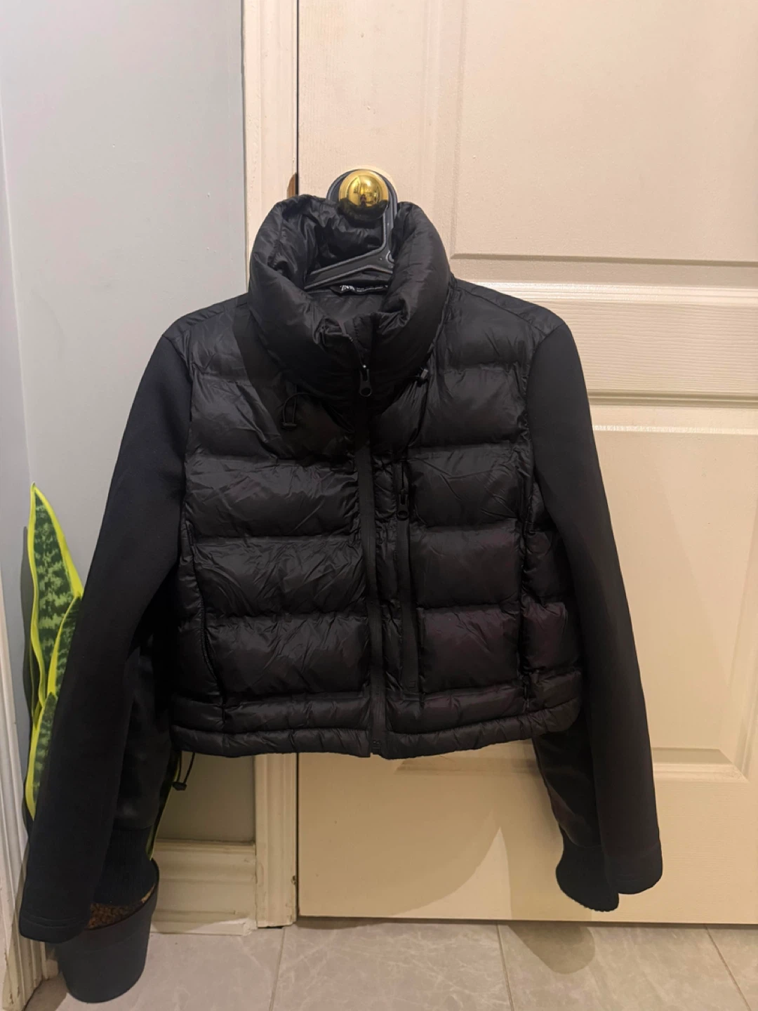 Black Puffer Jacket with Fleece Sleeves
