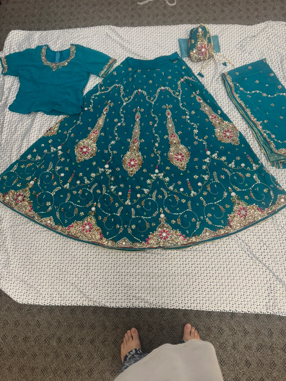Teal Embroidered Lehenga Choli Dupatta Set with Bag