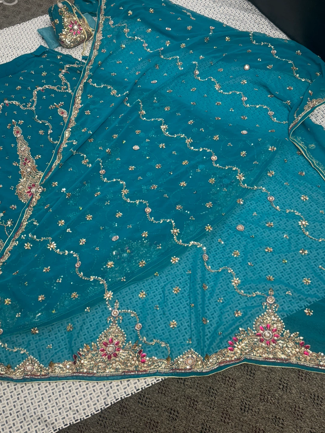 Teal Embroidered Lehenga Choli Dupatta Set with Bag - photo 3
