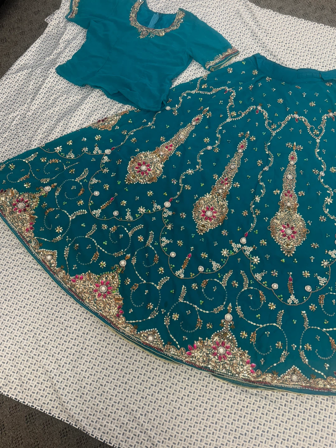 Teal Embroidered Lehenga Choli Dupatta Set with Bag - photo 2