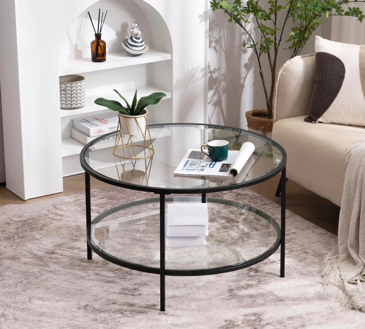 Round Glass Coffee Table with Black Metal Frame