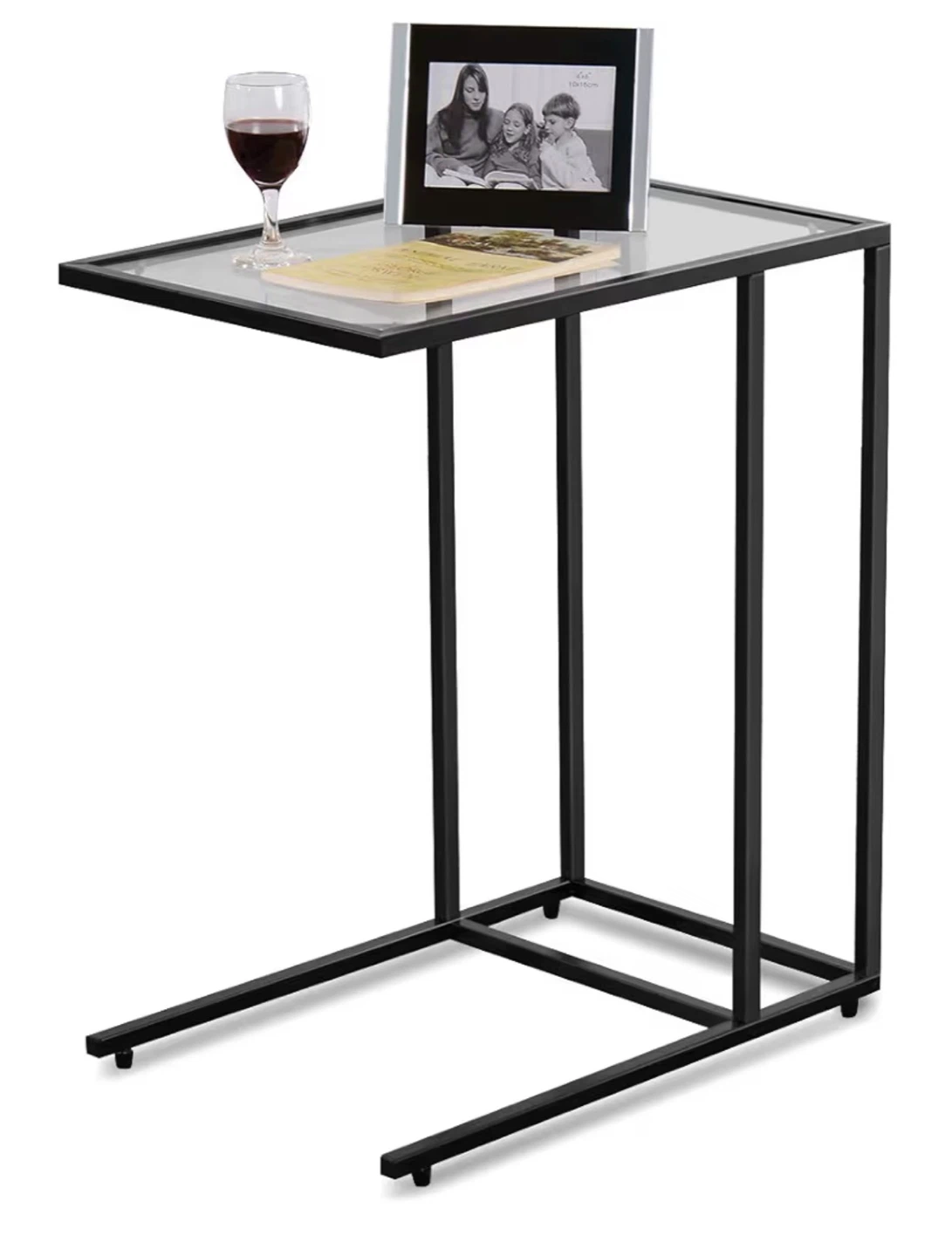 Black Metal C-Table with Glass Top
