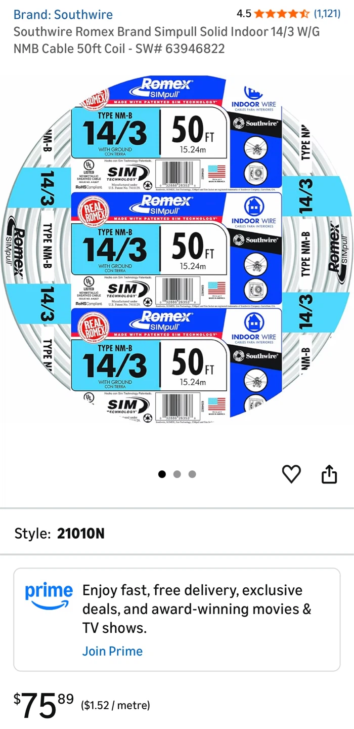 14/3 NMD90 50 Feet Romex SIMpull Electrical Wire