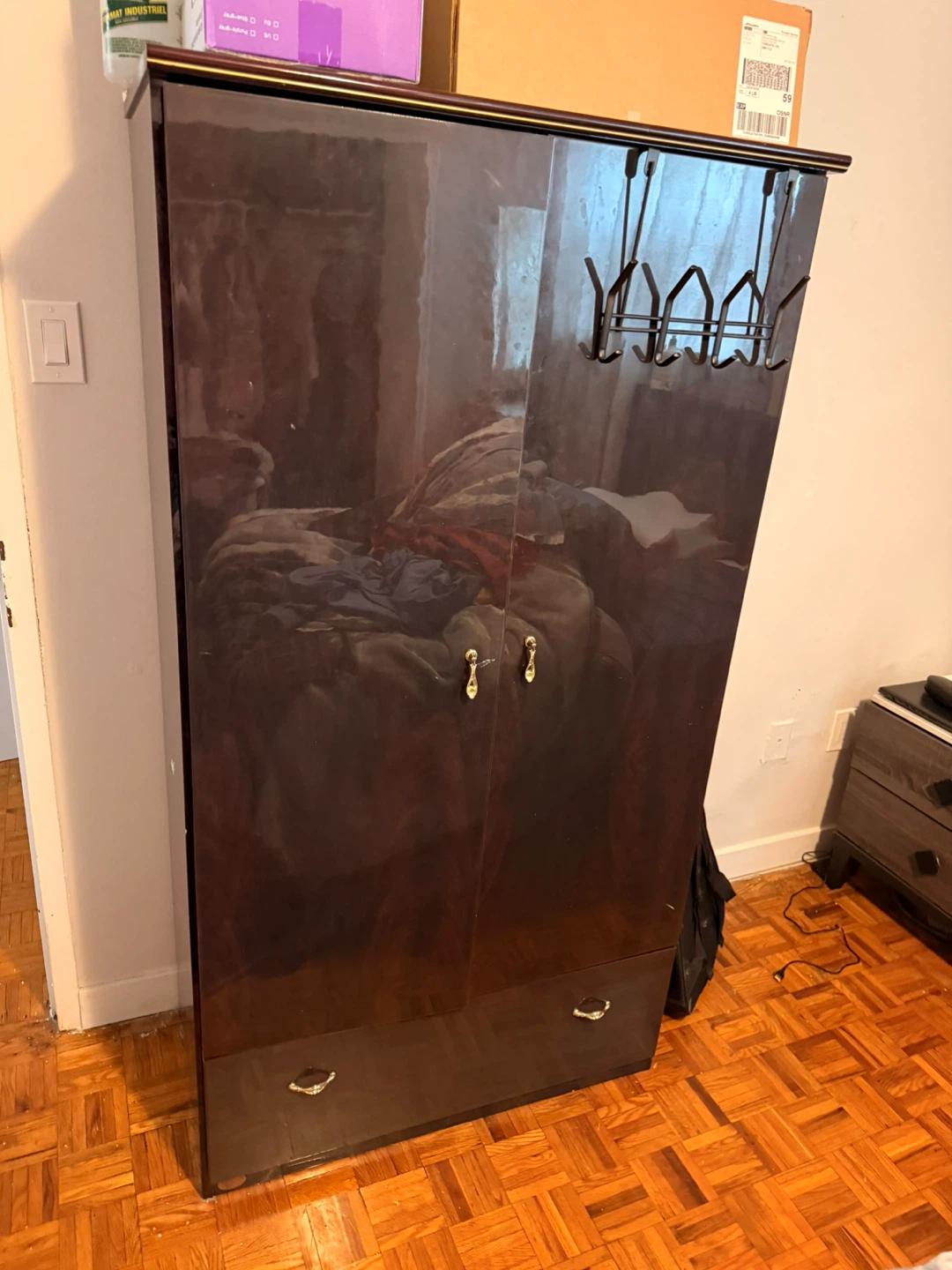 Dark Wood Armoire with Coat Hooks