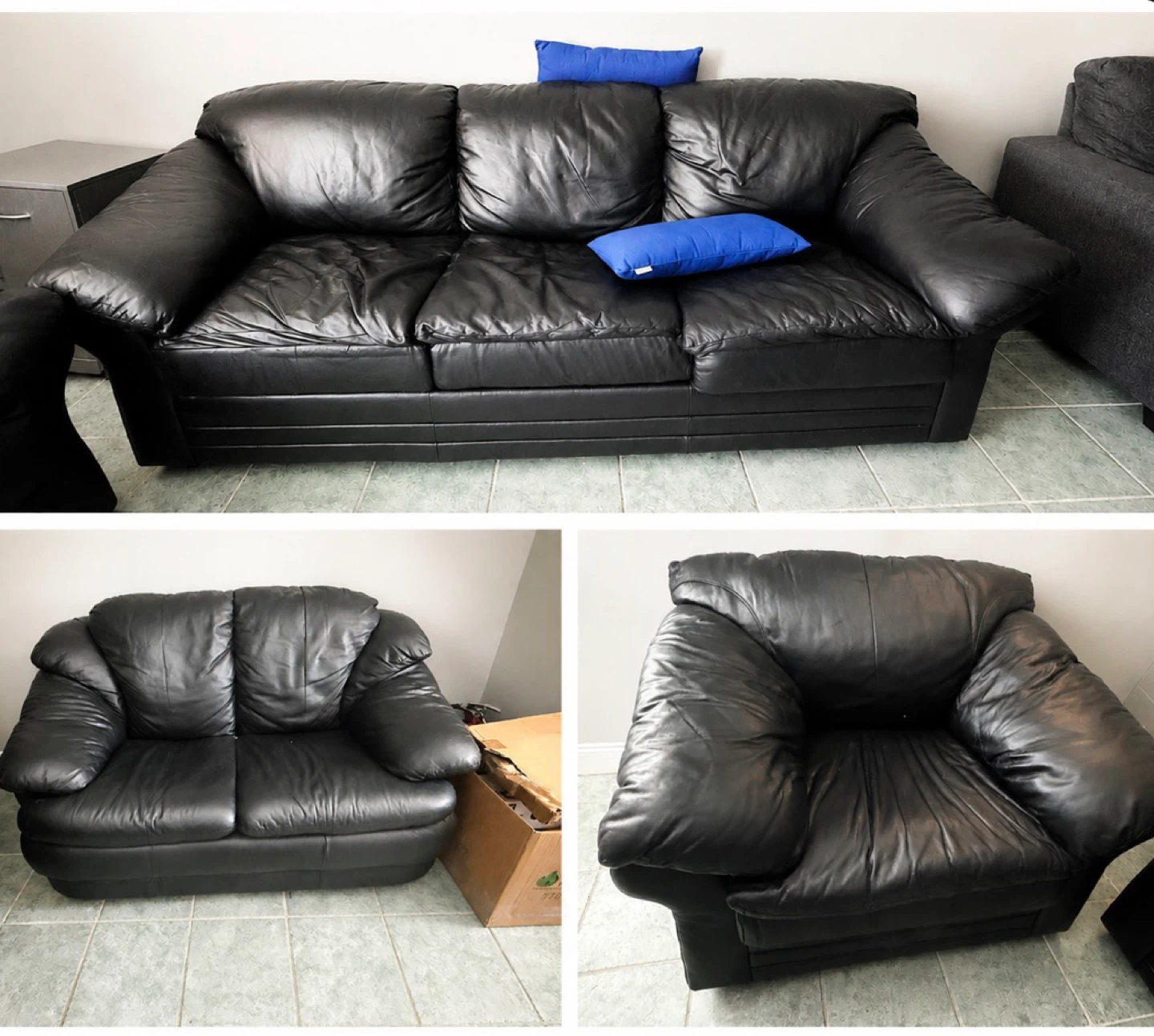 Black Leather Sofa with Matching Loveseat and Armchair Set