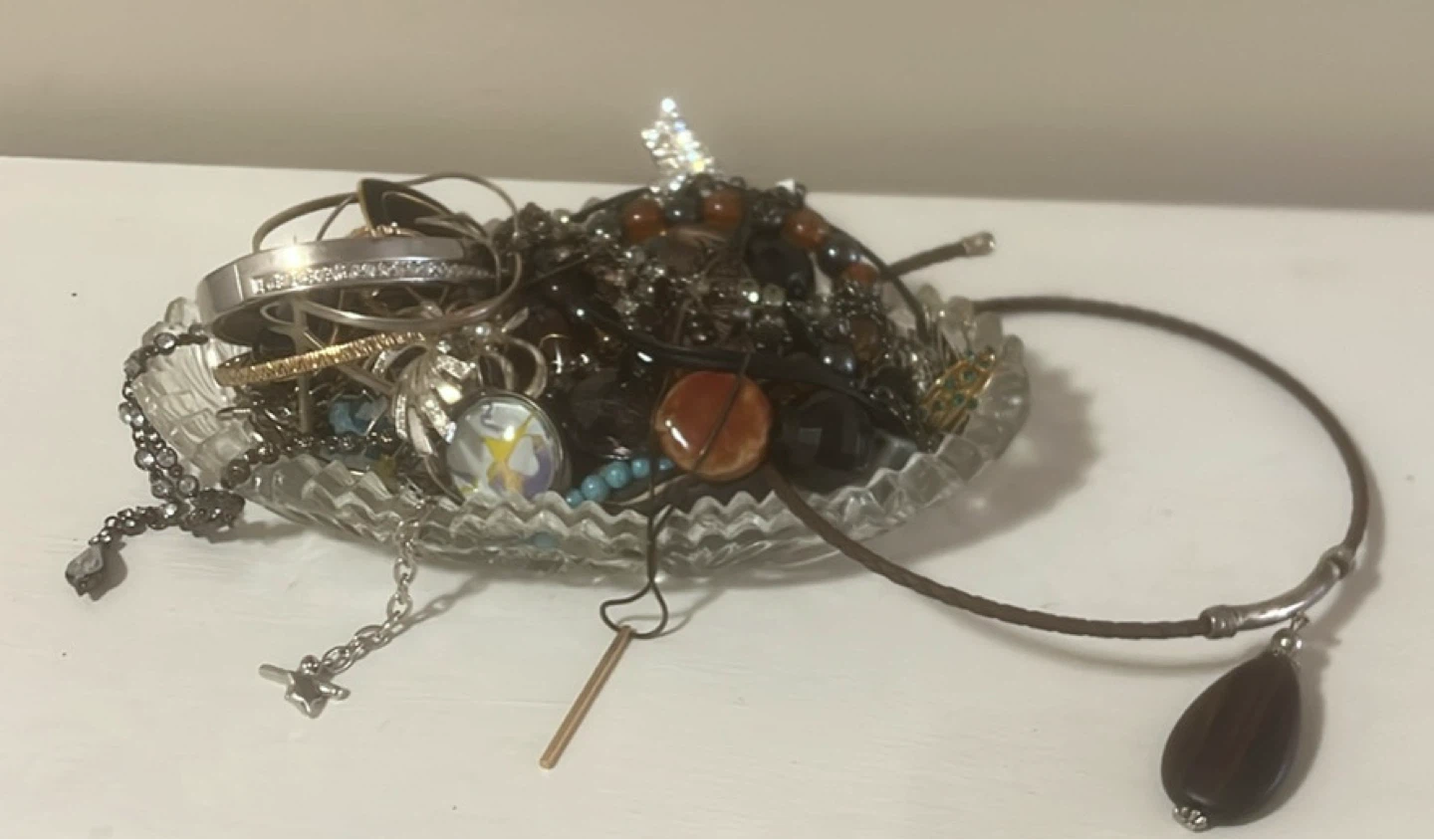 Brilliant Cut Trinket Dish w Costume Jewellery-approx 20 items