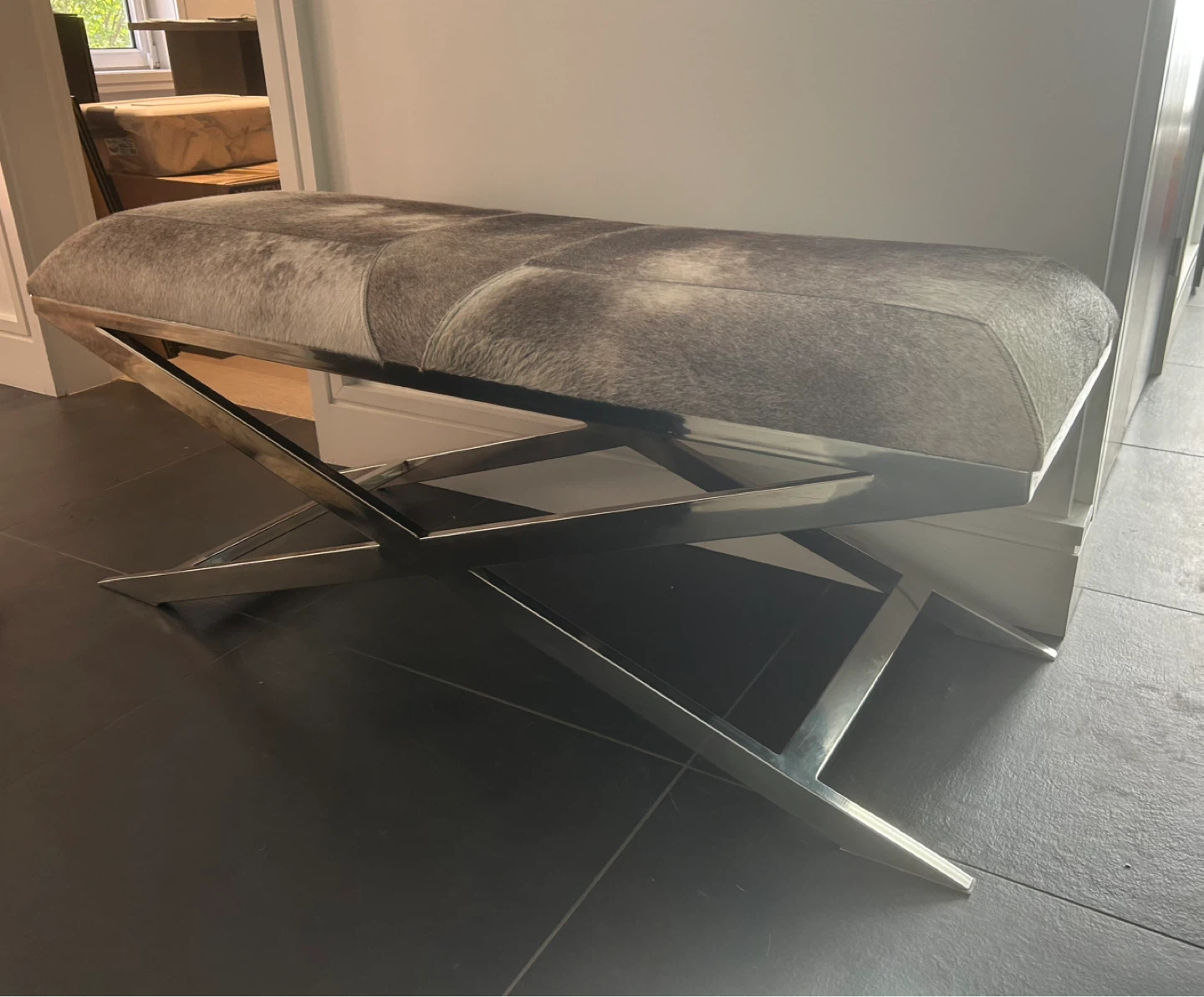 Cowhide Bench with Chrome X-Base