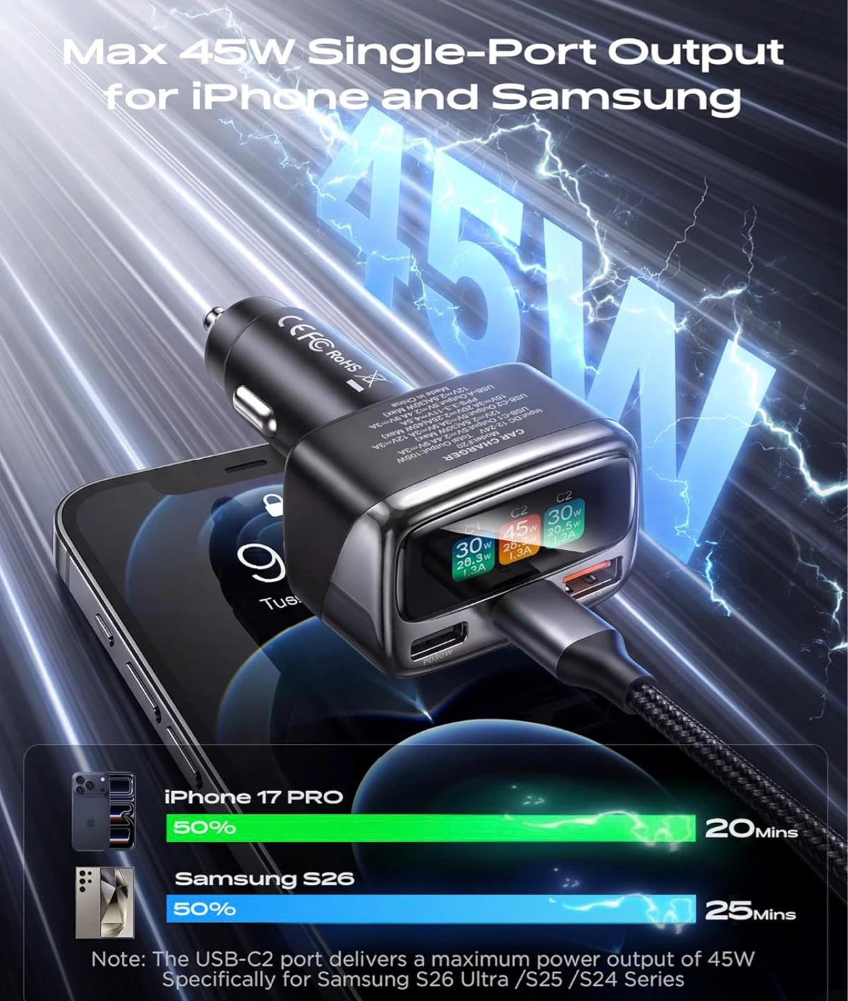 105W 3-in-1 Super Fast Car Charger with Smart Display - photo 4