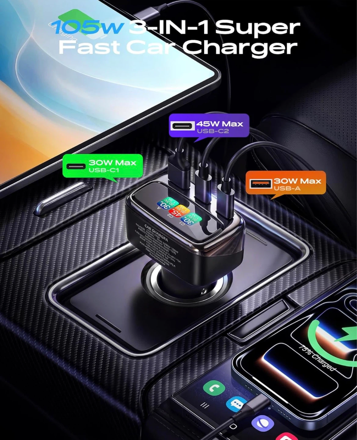 105W 3-in-1 Super Fast Car Charger with Smart Display - photo 3
