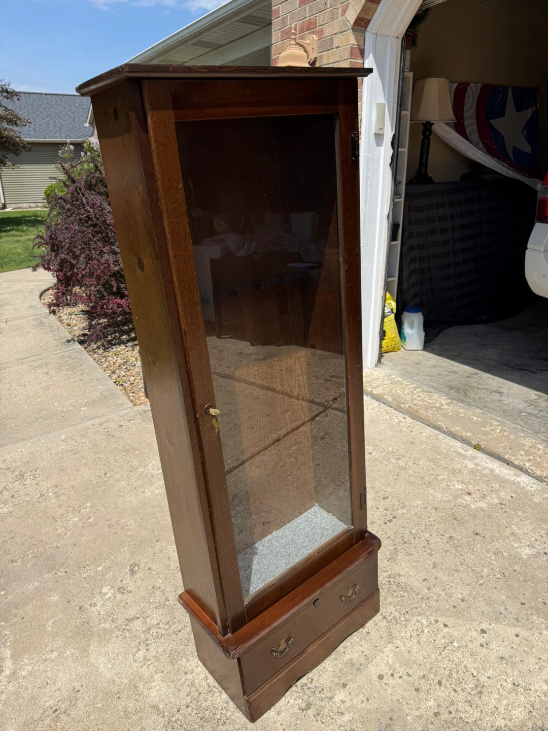 Antique Wooden Display Cabinet with Glass Door and Drawer