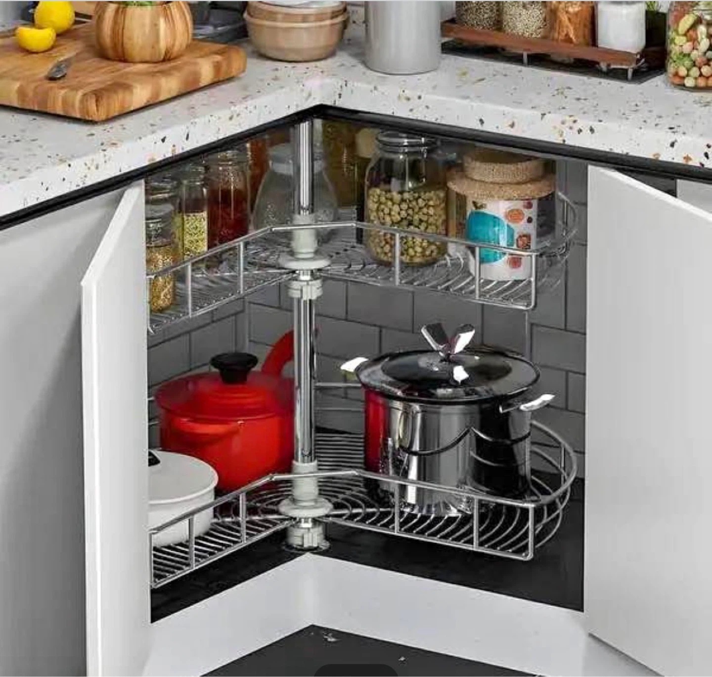 2-Tier White Metal Corner Cabinet Organizer