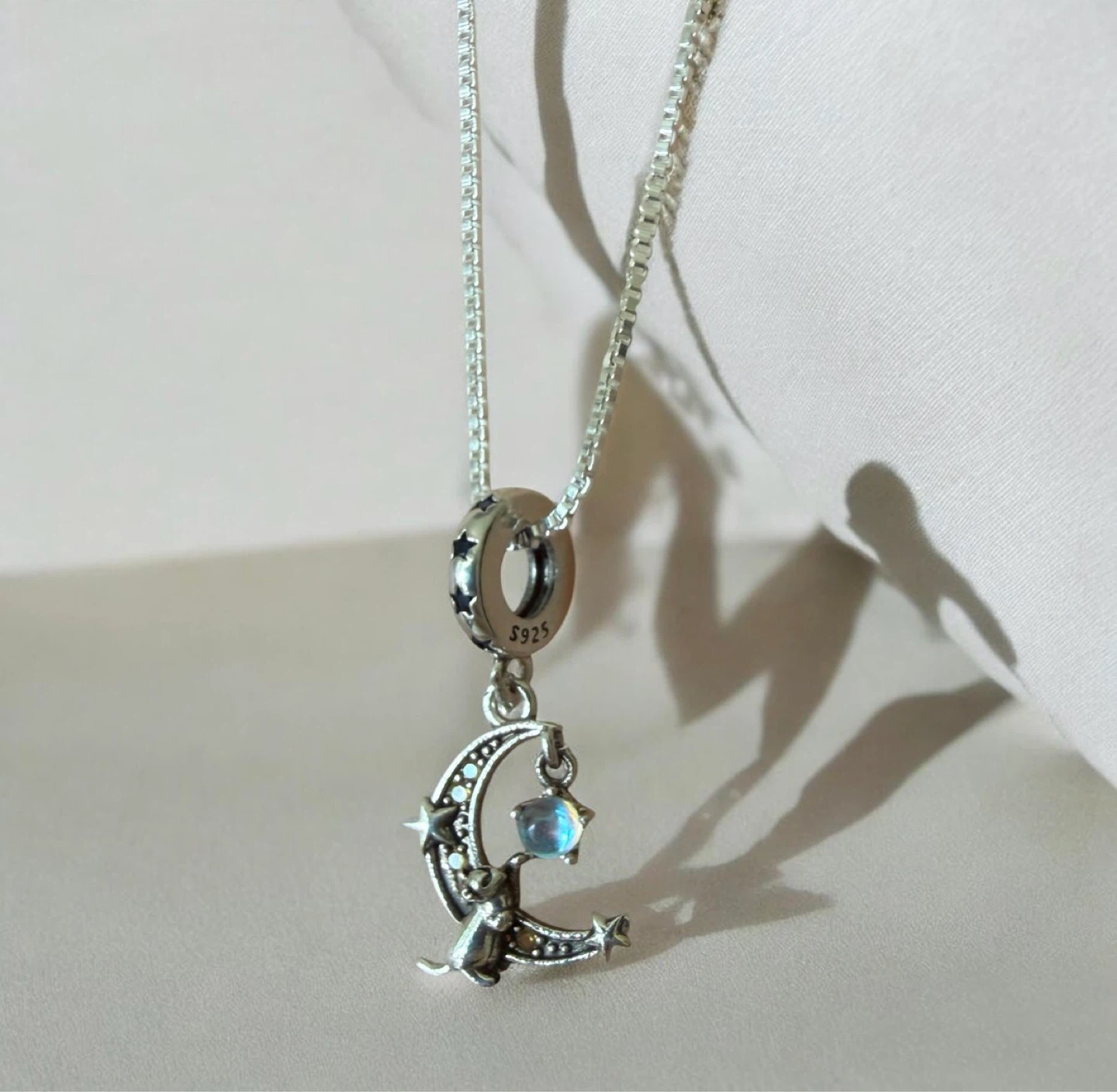 Sterling Silver Moon and Cat Pendant Necklace