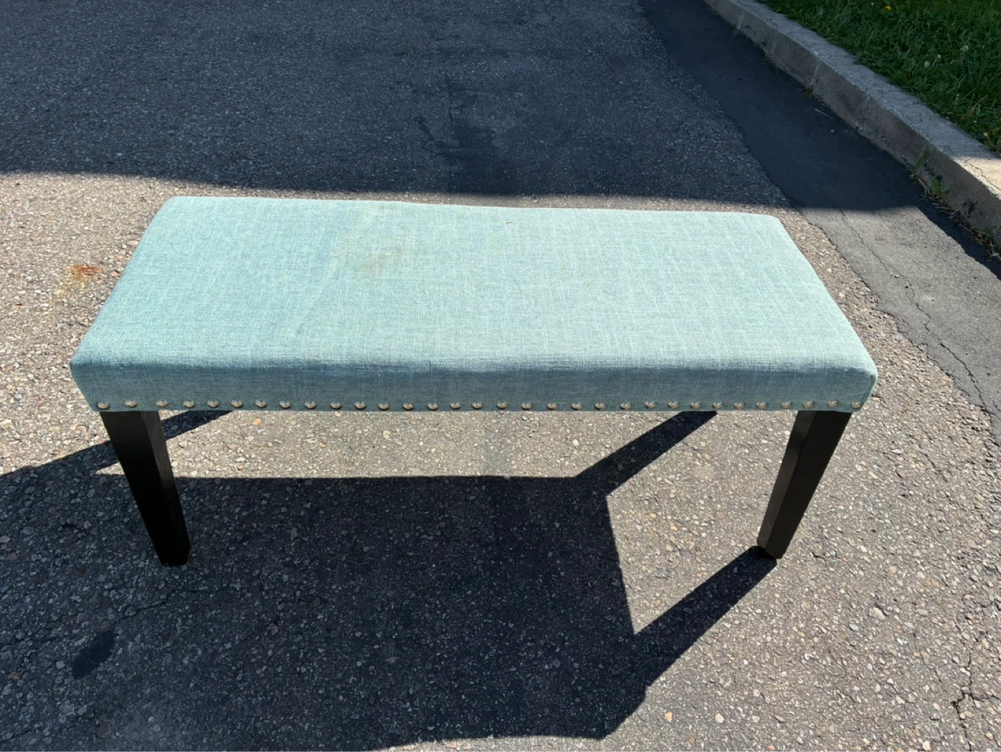 Light Blue Upholstered Bench with Studded Trim