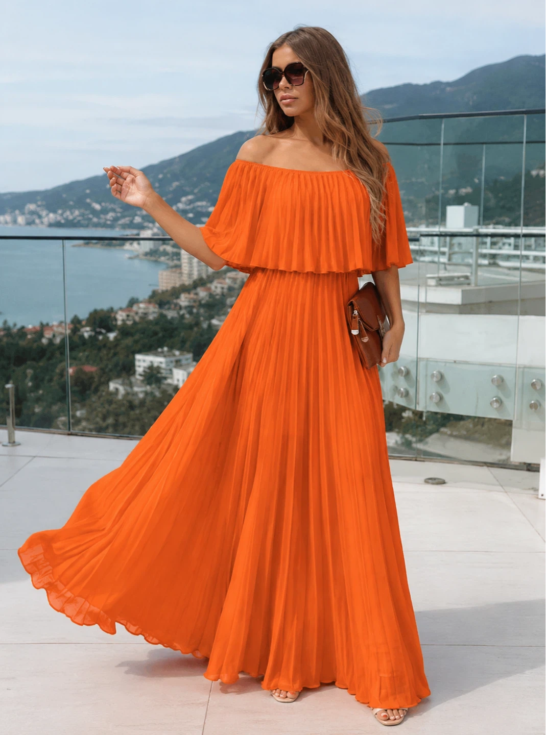 Orange Off-the-Shoulder Pleated Maxi Dress
