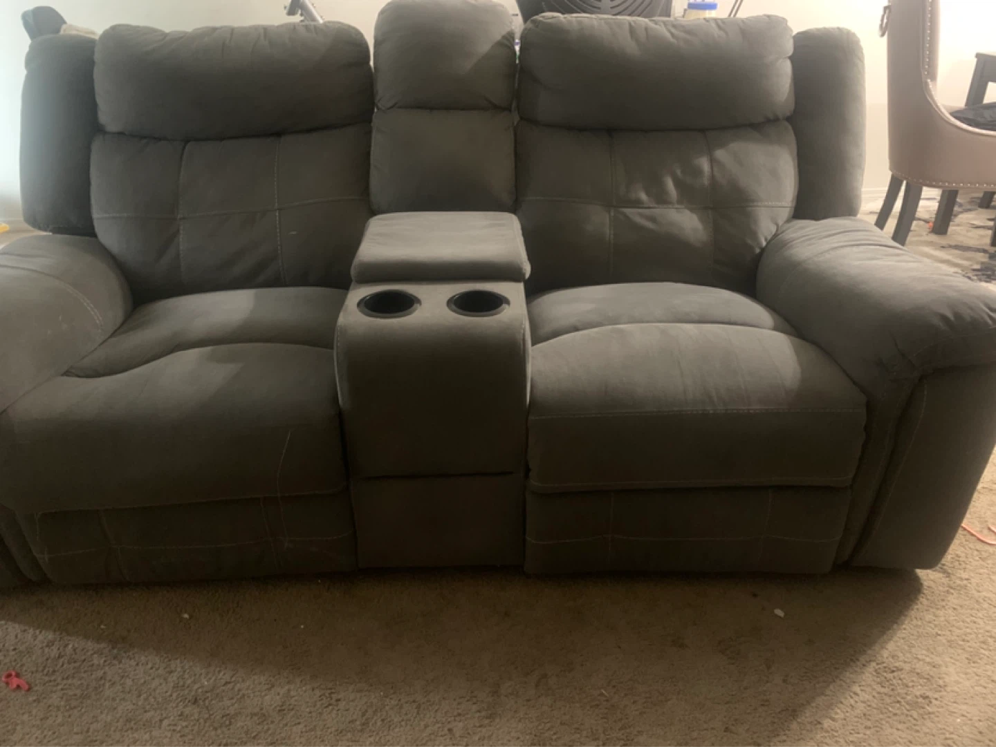 Grey Loveseat Recliner with Cup Holders and Storage