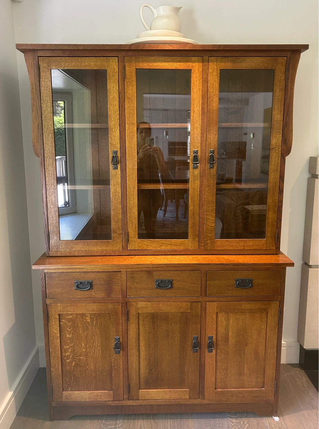 Solid Oak Mission Hutch with Glass Doors and Drawers