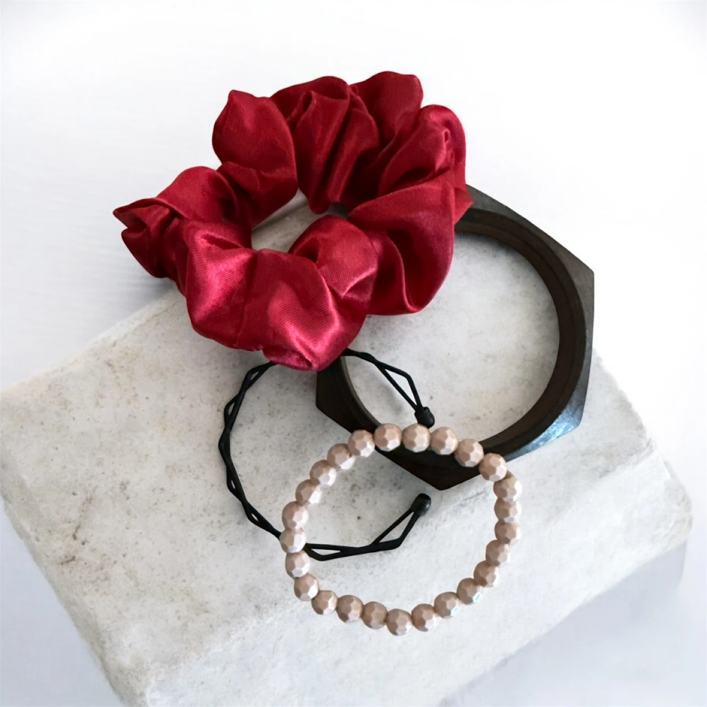 Red Satin Scrunchie and Beaded Bracelet Set