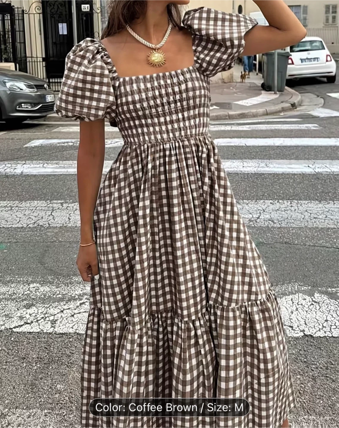 Women's Puff Sleeve Midi Dress - Coffee Brown - Size M