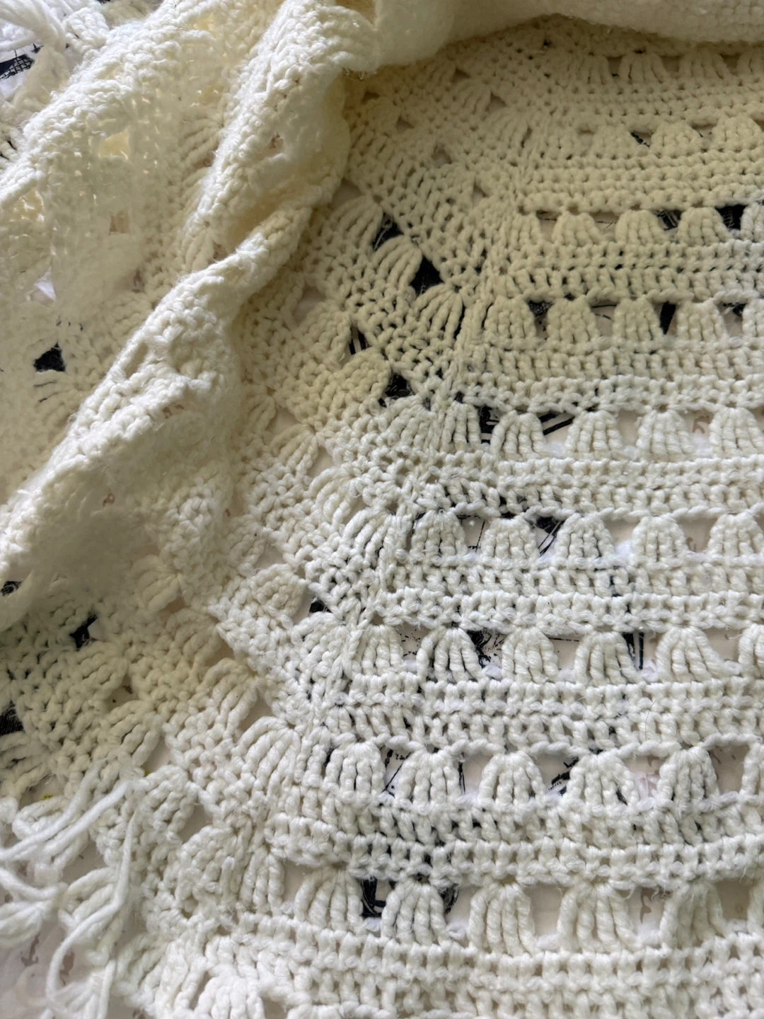 Cream Crochet Fringe Poncho with Tassel Tie - photo 5
