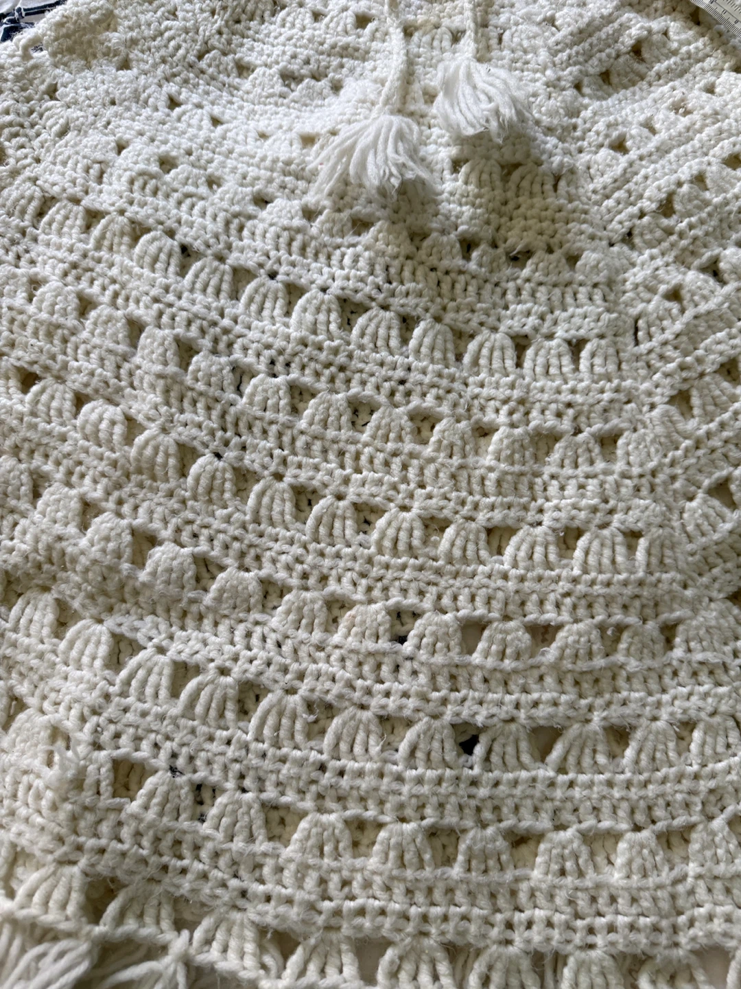 Cream Crochet Fringe Poncho with Tassel Tie - photo 3